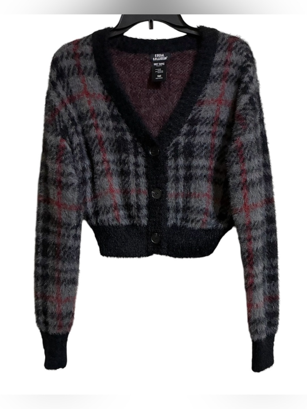 Social Collision Hot Topic Gray Black Red Fuzzy V-Neck Button Cropped Sweater SM